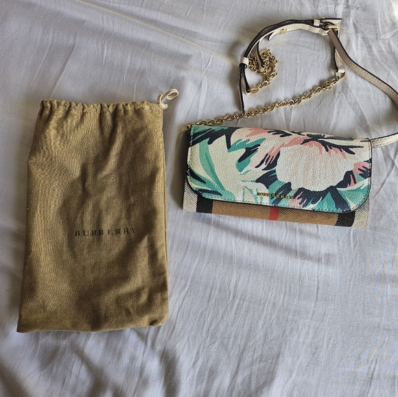 Authentic Rare Burberry Multi Haymarket Check Peony Rose Henley Wallet On Strap  - Picture 1 of 17